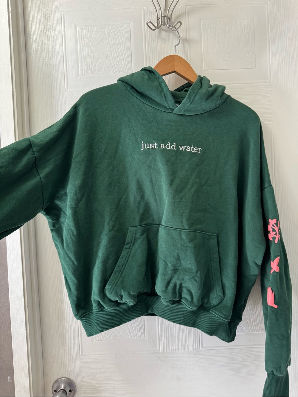 Just Add Water Green Hoodie Sweater with Pink Sleeve Accents - Picture 4 of 9